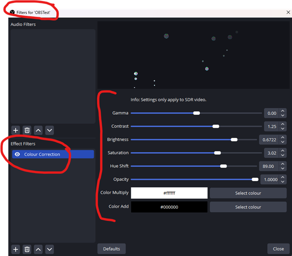 Colour correction filter in OBS