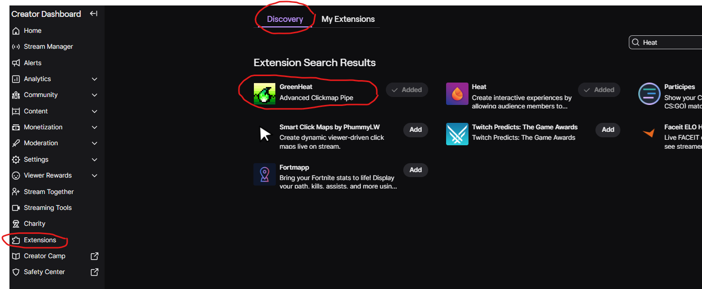 Finding the GreenHeat extension in Twitch dashboard